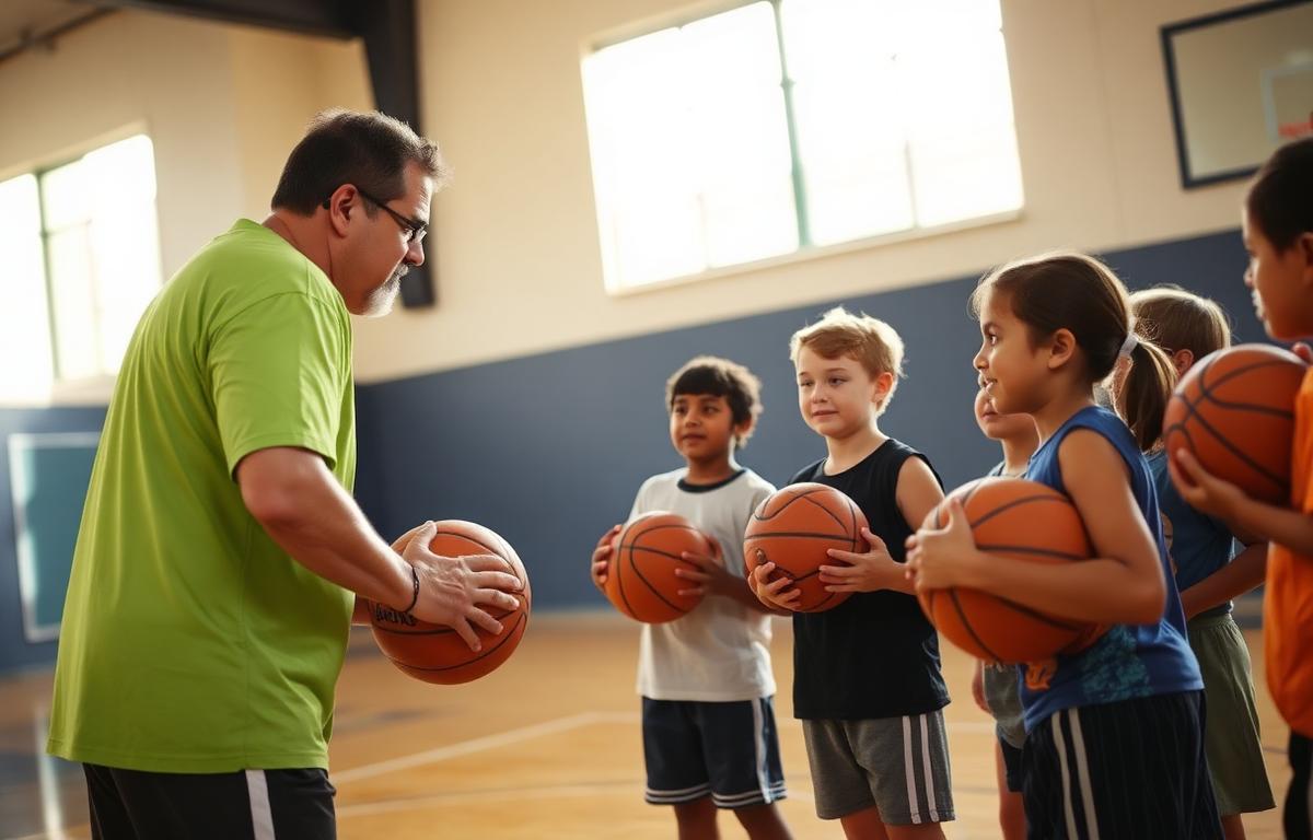 UYP certified youth coach instructing a small group of kindergarten and elementary basketball players in Irvine CA
