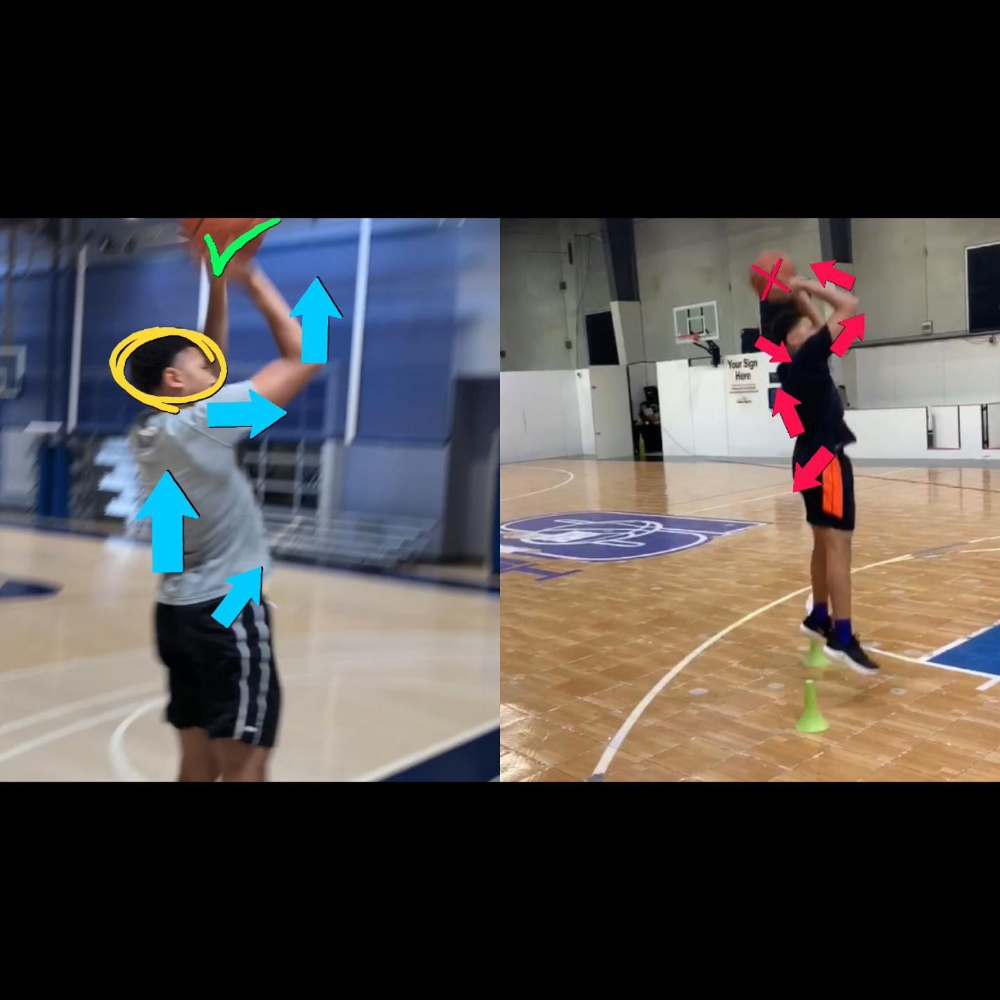 Film review showing shooting form analysis with correct and incorrect technique annotations