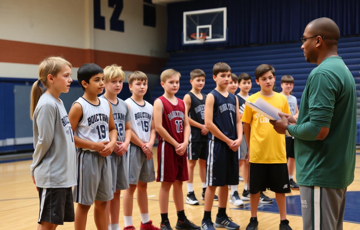 High school basketball players lined up as a coach evaluates them during tryouts in Orange County