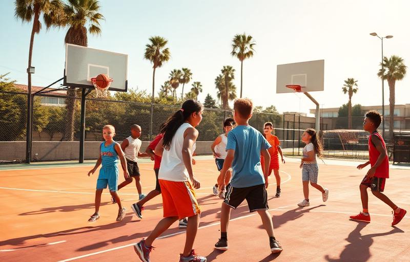 Youth basketball players on an outdoor court in Orange County California