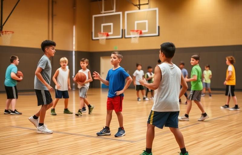 Youth basketball players practicing drills at a summer camp in Orange County