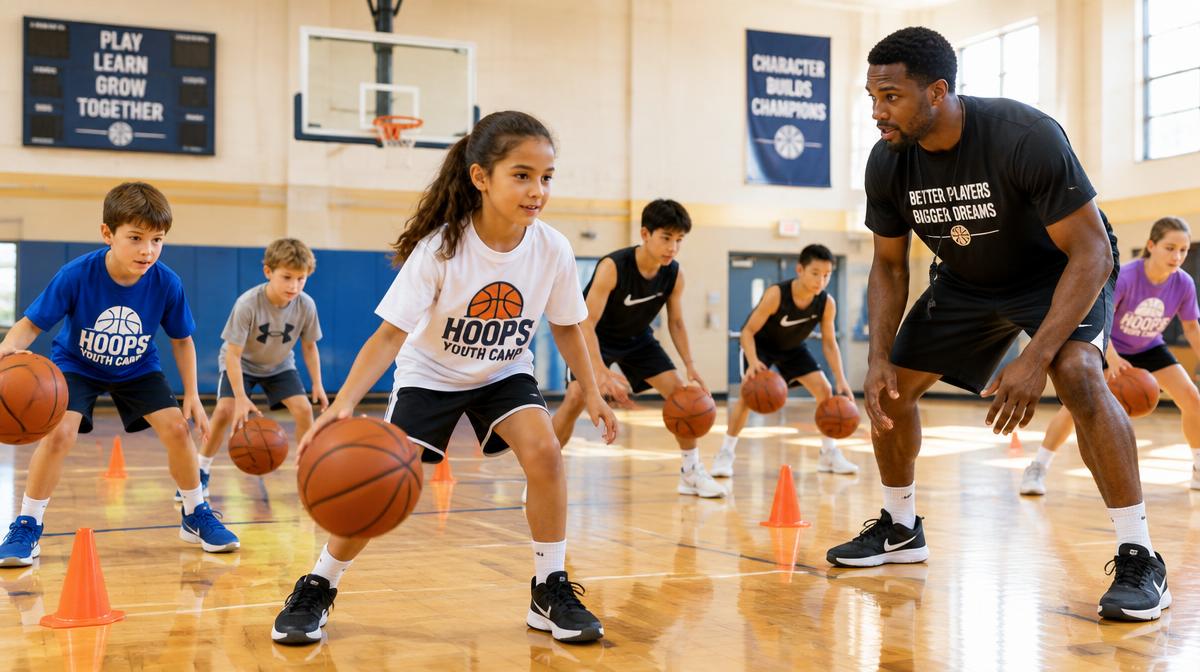 UYP Basketball coach leading a small group dribbling drill at Thanksgiving Camp, Momentous Sports Center Irvine