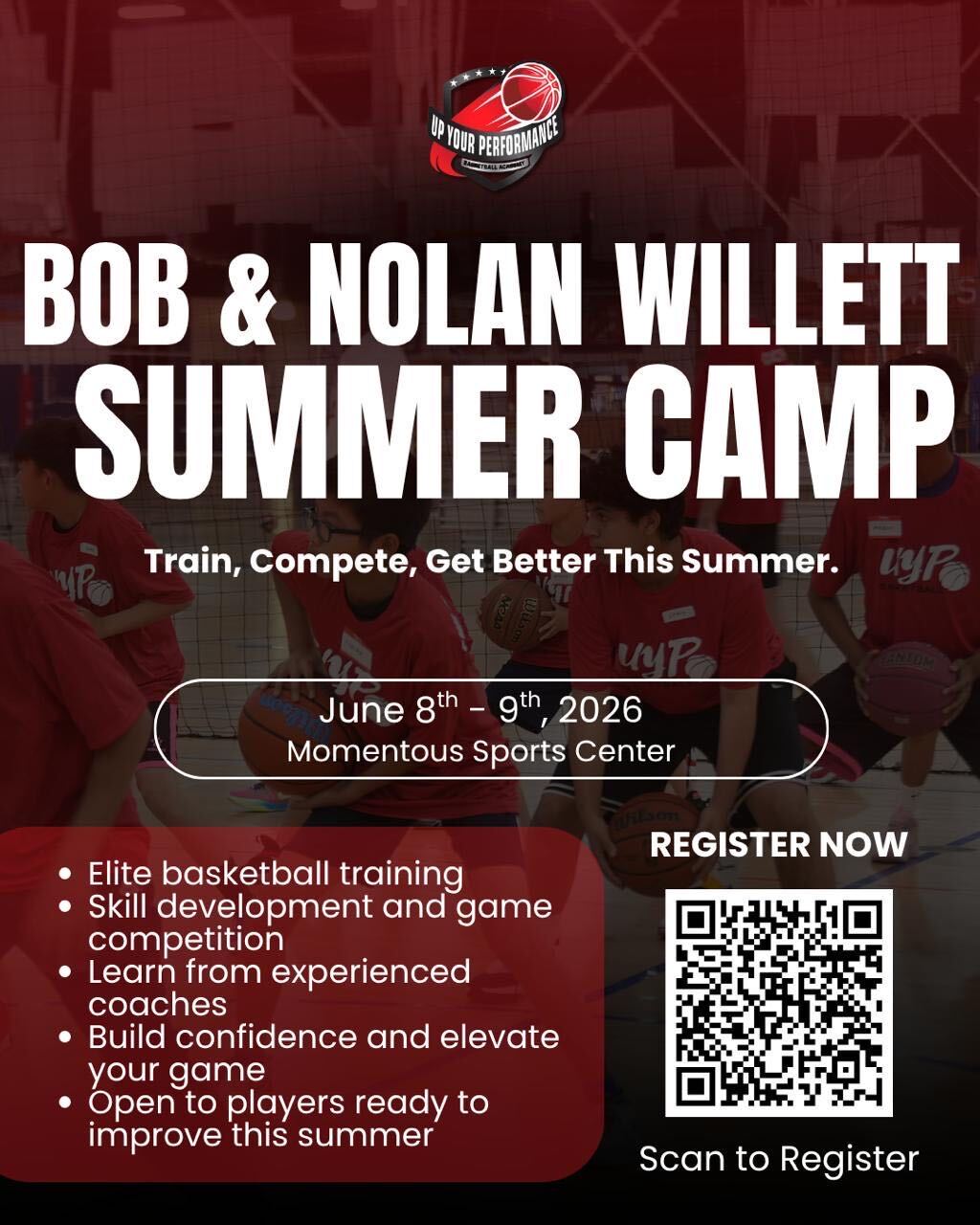 Bob and Nolan Willett Summer Camp 2026 flyer, UYP Basketball, Momentous Sports Center, Irvine CA